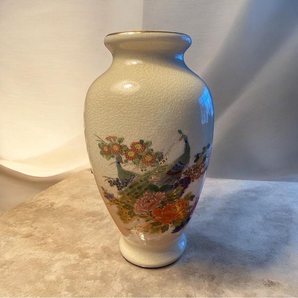 🌸 Vintage Japanese Bijutsu Toki Peacock Vase | 9”